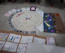 Mandala e Cartazes elaborados pelo grupo na Escola Municipal Dario Bordin União da Vitória/PR. Surgiu temas geradores como território e meio ambiente (dimensão socioambiental), trabalho e os movimentos em rede – interações com a escola, família, educadores, estudantes, nas dimensões econômicas, políticas, culturais, da saúde, entre outras.